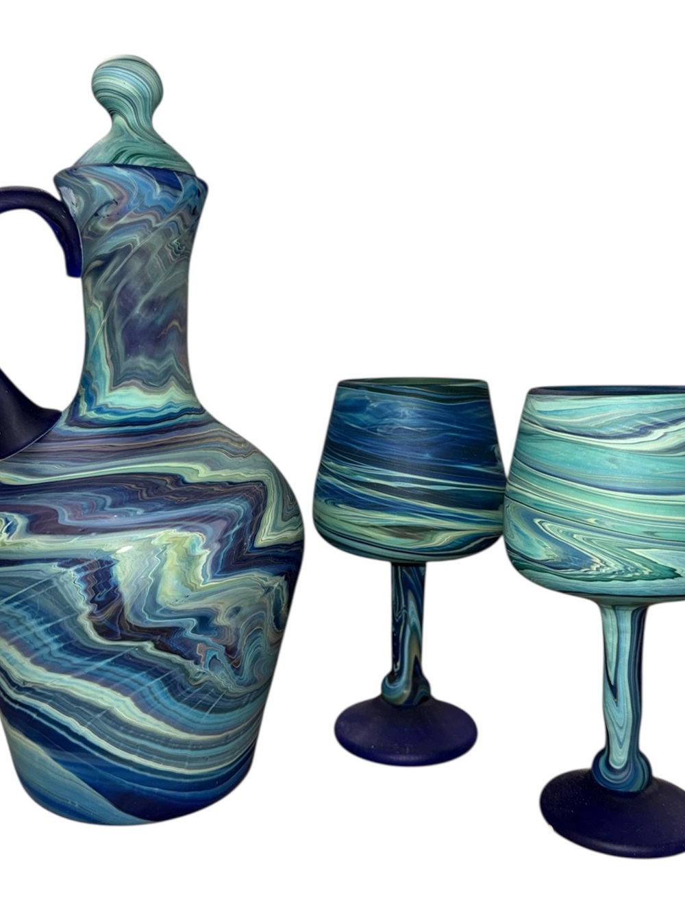 Hand-Blown Swirl Decanter and Wine Glass Set in Teal Blue